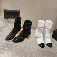 leather&knittes gold thick heel boots ankle grace fashion women 2023 black white 35-40