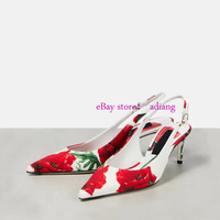 6.5cm stiletto red rose print point toe white slingback pump grace sandals 2023 35-42 party