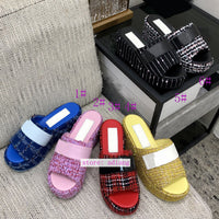 tweed slipsole Platform heel slippers fashion shoes women 35-41 2023 high quality