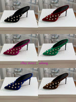 9.5cm stiletto velvet rhinestone point toe mules grace shoes women 2023 35-42