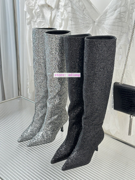 7cm stiletto point toe blingling sequin high boots fashion shoes women 35-40 2023