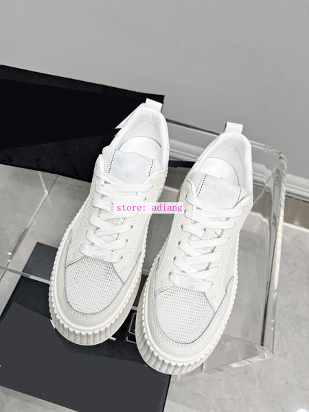 thick heel cow leather mesh casual shoes lace up flats women 2023 35-40 high quality