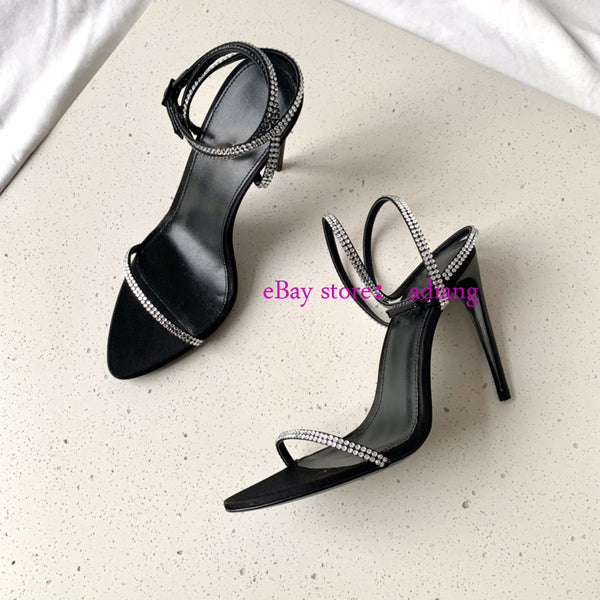 10cm stiletto sandals black hot drill silk shoes grace fashion women 2023 35-40 high quality