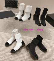 6cm & flats thick heel knitted & leather ankle boots grace shoes 2023 black white new