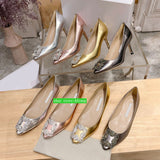 7cm&flats rhinestone Square buckle metal cow leather boat shoes grace pump women 2023