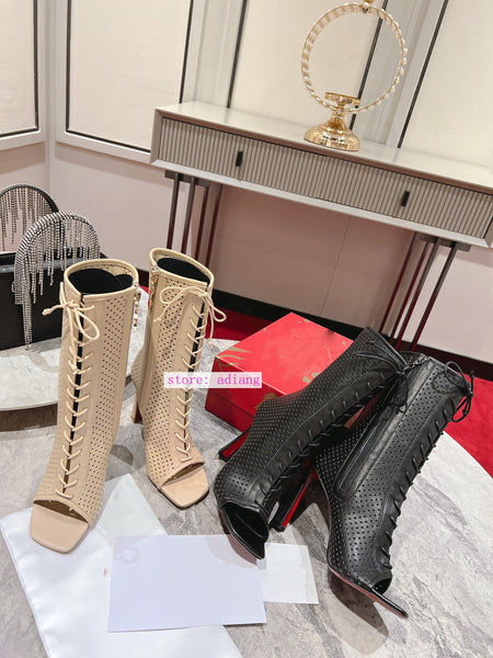 Opening lace up zipper boots open toe 10cm stiletto shoes fashion women 35-44