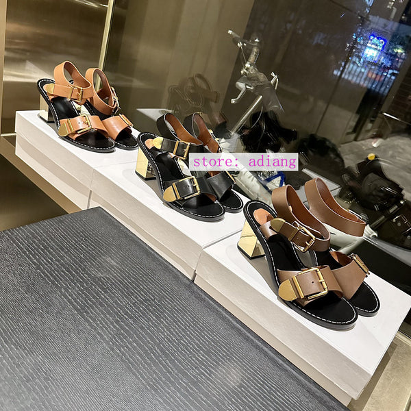 thick heel sandals cow leather cool casual shoes women 2023 coffee brown black 35-40