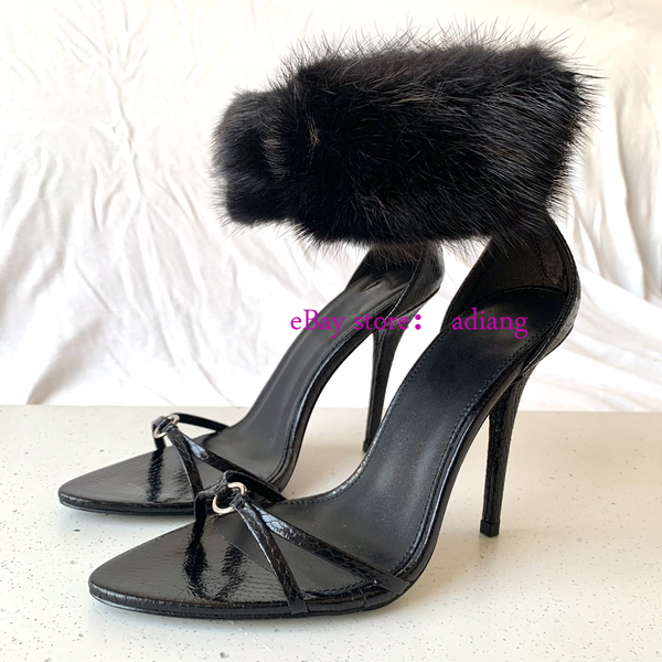 9.5cm stiletto sandals black leather & fur shoes grace fashion women 2023 35-40