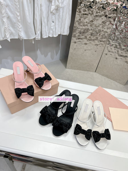 stiletto hot drill bow slippers grace cute sandals fashion women 2023 black white pink 40-35