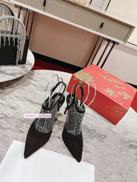 10cm stiletto suede point toe hot drill mesh pump grace shoes fashion women black 2023