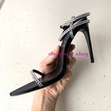 10cm stiletto sandals black hot drill silk shoes grace fashion women 2023 35-40 high quality