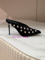 9.5cm stiletto velvet rhinestone point toe mules grace shoes women 2023 35-42