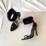 9.5cm stiletto sandals black leather & fur shoes grace fashion women 2023 35-40