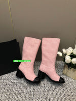 6cm thich heel tweed & leather 28cm high boots grace women fashion 2023 high quality