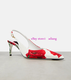 6.5cm stiletto red rose print point toe white slingback pump grace sandals 2023 35-42 party