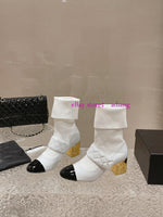 leather&knittes gold thick heel boots ankle grace fashion women 2023 black white 35-40