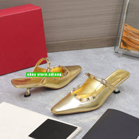 5cm stiletto cow patent leather rivet point toe slippers mules fashion women 2023 35-42