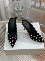 9.5cm stiletto velvet rhinestone point toe mules grace shoes women 2023 35-42