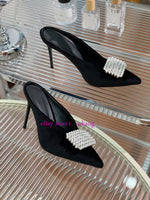 9.5cm stiletto velvet square pearls point toe mules grace boat shoes women 2023 35-42