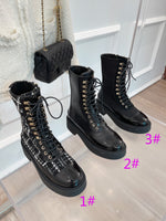 5.5cm thick heel ankle boots tweed leather lace up cool shoes women 2022 35-40