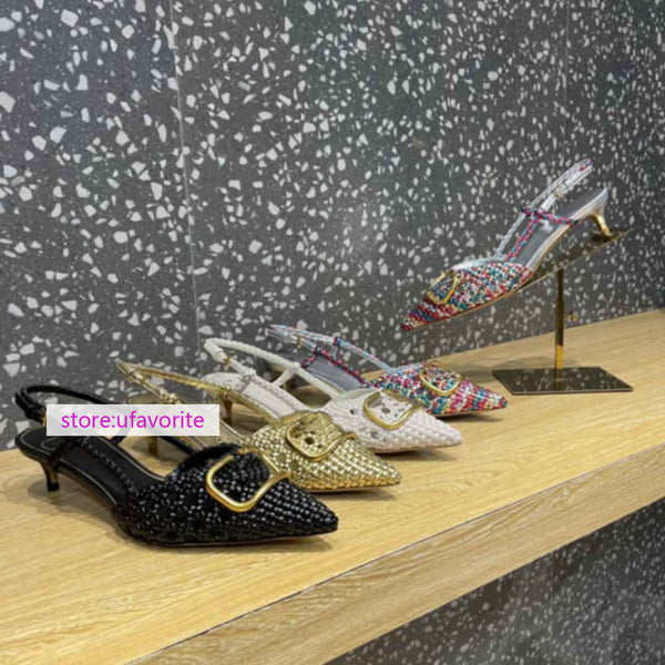 4cm stiletto point toe tweed sandals pump comfort women 35-42 2022new high quality