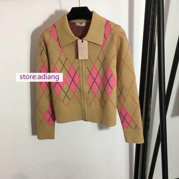 Diamond lattice sweater zipper cardigan lapel fashion women high quality 2022