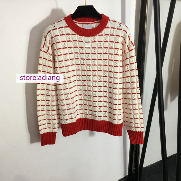 stripe knitted sweater round neck pullover women red black high quality 2022 new