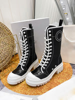 thick heel leather & canvas casual boots lace up shoes fashion women 2022 35-41