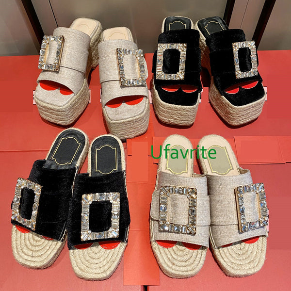 Hemp rope straw slippers flats&high heel Square buckle fashion women top quality35-40