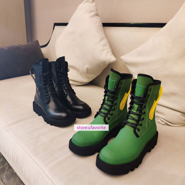 leather lace up boots street fashion shoes green/black high quality 35-41