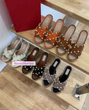 rivet cow leather Slope heel slippers fashion sandals shoes women high quality 2022new 35-41