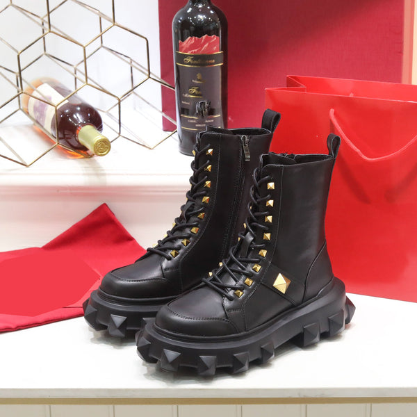 thick heel cow leather casual rivet ankle boots shoes fashion women 2022 35-42