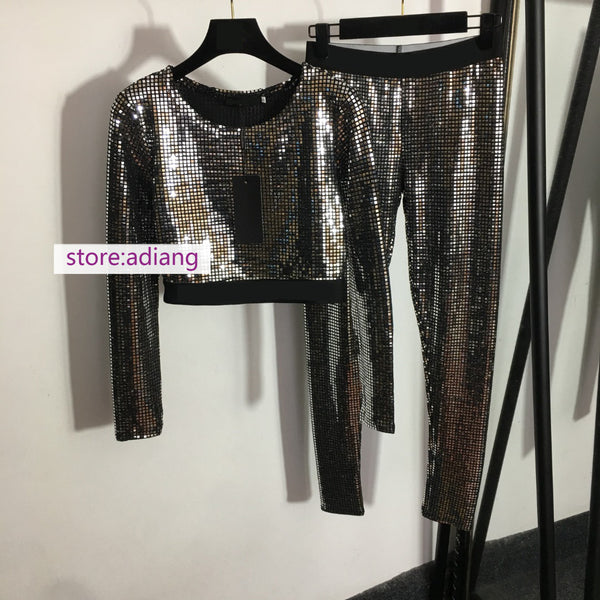 2 sets exquisite Sequins silm pullover tops+pants suits  women black silve 2022