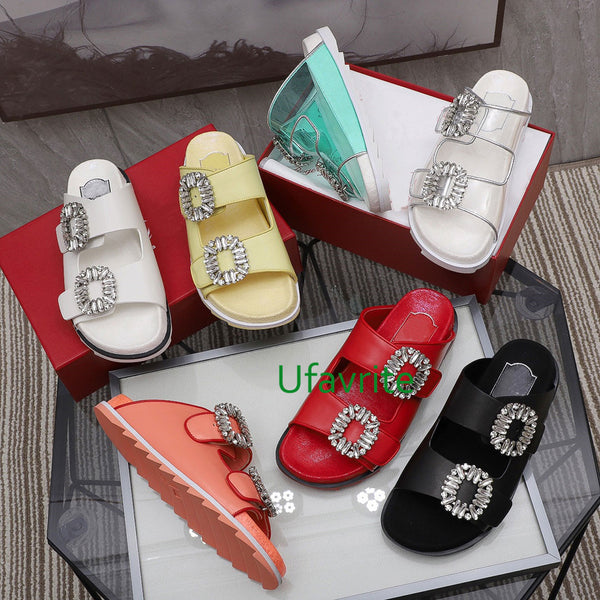 PVC&real leather slippers flats sandals Square buckle fashion women top quality35-40