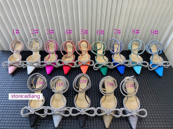 6.5cm stiletto 14 colors blingbling bow point toe sandals pump women 35-42 2023