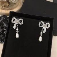 vintage silve bow earrings pearl eardrop grace  fashion  women classic