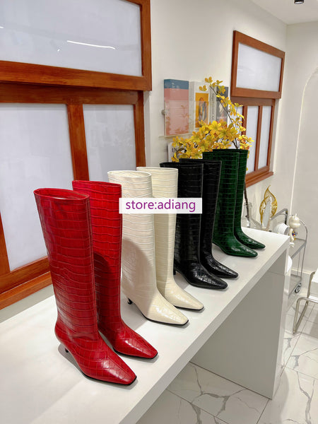 5cm stiletto Crocodile pattern leather high boots fashion shoes women 2022 35-41