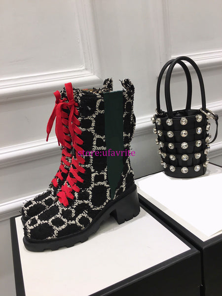 6cm Thick heel wool fabric red lace up boots street shoes fashion women top quality 35-40