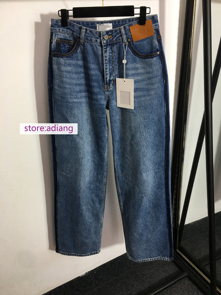 dark blue splice high waist Straight jean denim pants women high quality 2022new