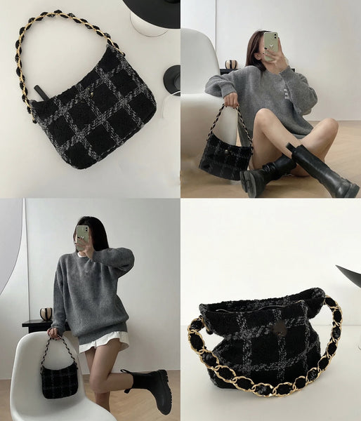 tweed chain baguette shoulder bag 2022 new high quality