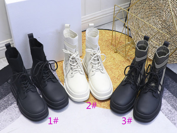 thick bottom leather & knit casual boots lace up fashion shoes women 2022 35-41