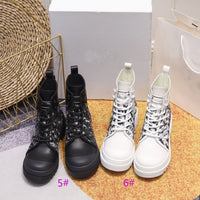 thick bottom leather & canvas casual boots lace up fashion shoes women 2022 new