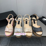 8cm Slope heel tweed leather sandals women fashion 2023 35-40 high quality