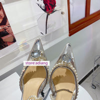 8.5cm stiletto point toe slingback pump pearls strap women fashion 2023 35-40