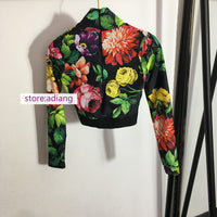 rose print knit silm elastic stand neck tops+ pants suits yoga sets women 2022