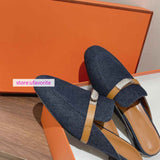 cow leather&denim flats mules fashion slippers shoes women high quality 35-41 2022new