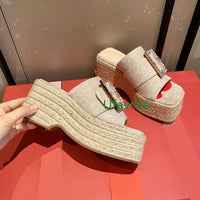 Hemp rope straw slippers flats&high heel Square buckle fashion women top quality35-40