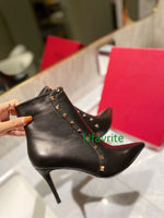 Rivet pointed toe thin 8cm high heel short boots cow leather shoes fashion women high quality 35-42