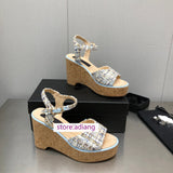 8cm Slope heel tweed leather sandals women fashion 2023 35-40 high quality