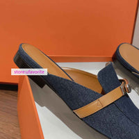 cow leather&denim flats mules fashion slippers shoes women high quality 35-41 2022new